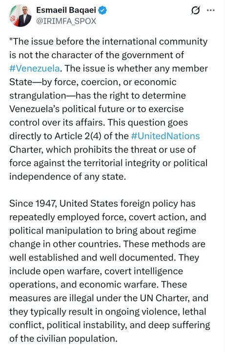 اقدام آمریکا علیه ونزوئلا، خلاف متن و روح منشور ملل متحد است